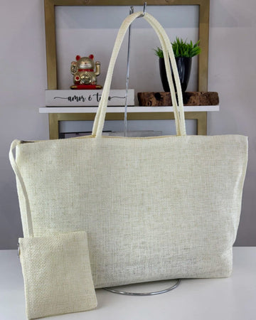 Bolsa Grande de Palha com Porta-Cartão Fixo