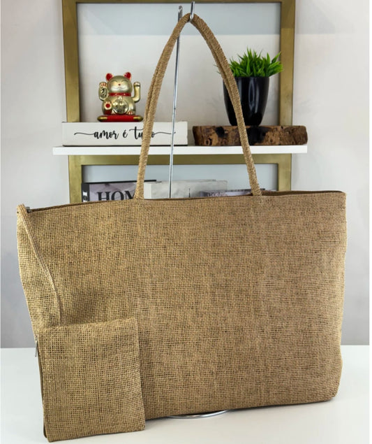 Bolsa Grande de Palha com Porta-Cartão Fixo